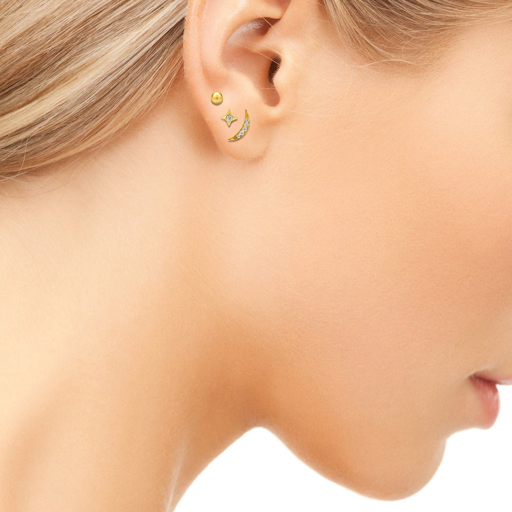 Set of 3, New Moon, Star & Tiny Planet Tragus Cartilage Earring