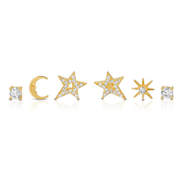 Set of 6 celestial tiny single stud earring sterling silver