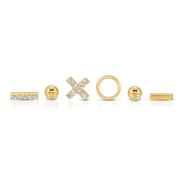 Set of 6 single XO, ball, bars stud earrings sterling silver