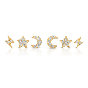 Set of 6 tiny moon, star & lightning stud earrings