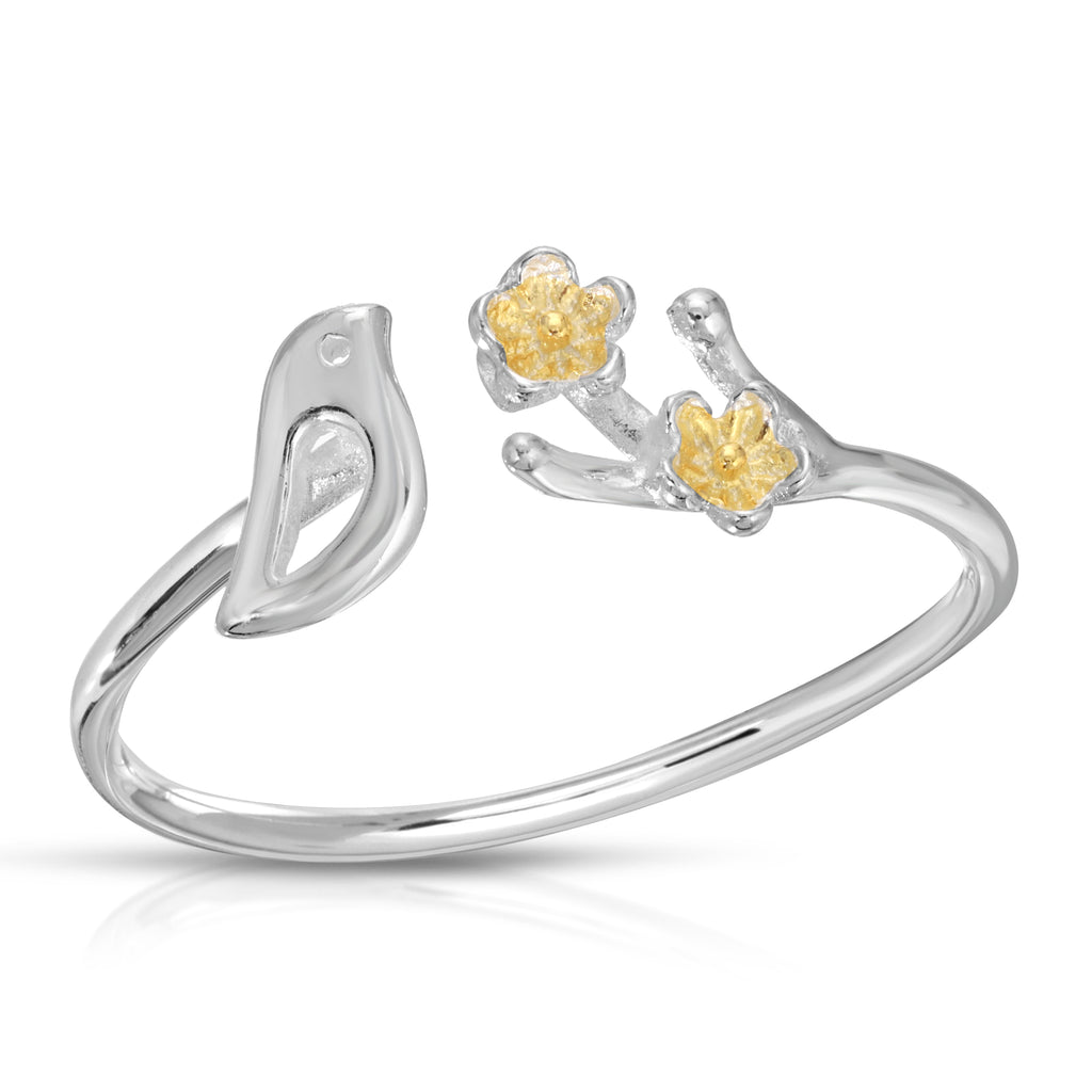 Silver bird and gold cherry blossom adjustable ring