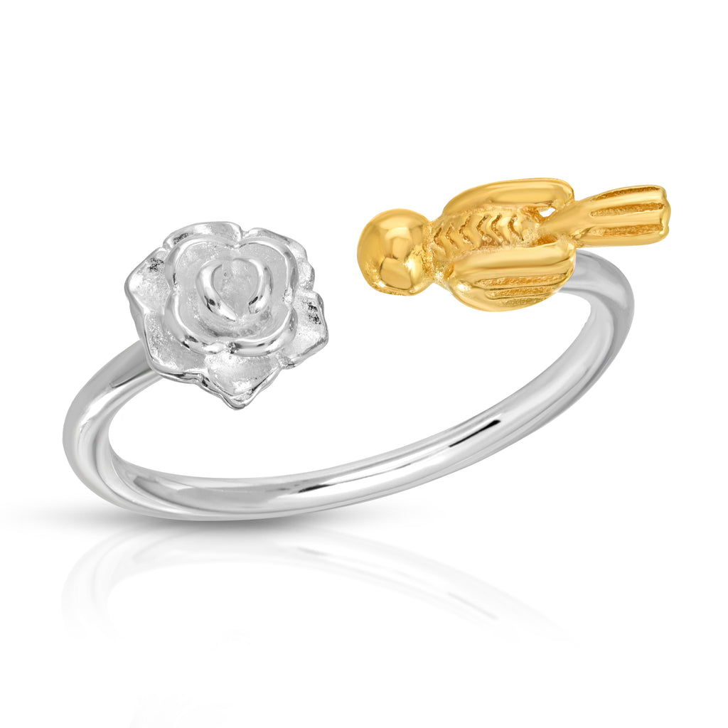 Silver rose with golden bird adjustable ring