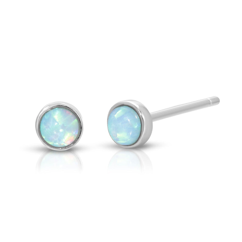 Genuine opal round stud earrings in sterling silver- White Fire, Sky Blue, Green