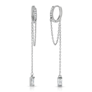Sterling Silver Dangle Clear Bar Hoop Earrings